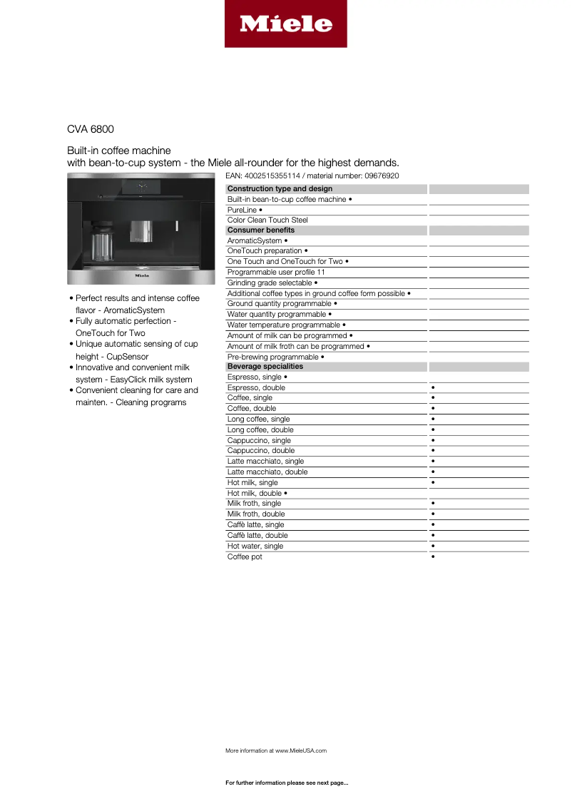 Page 1 de la notice Fiche technique Miele CVA 6800