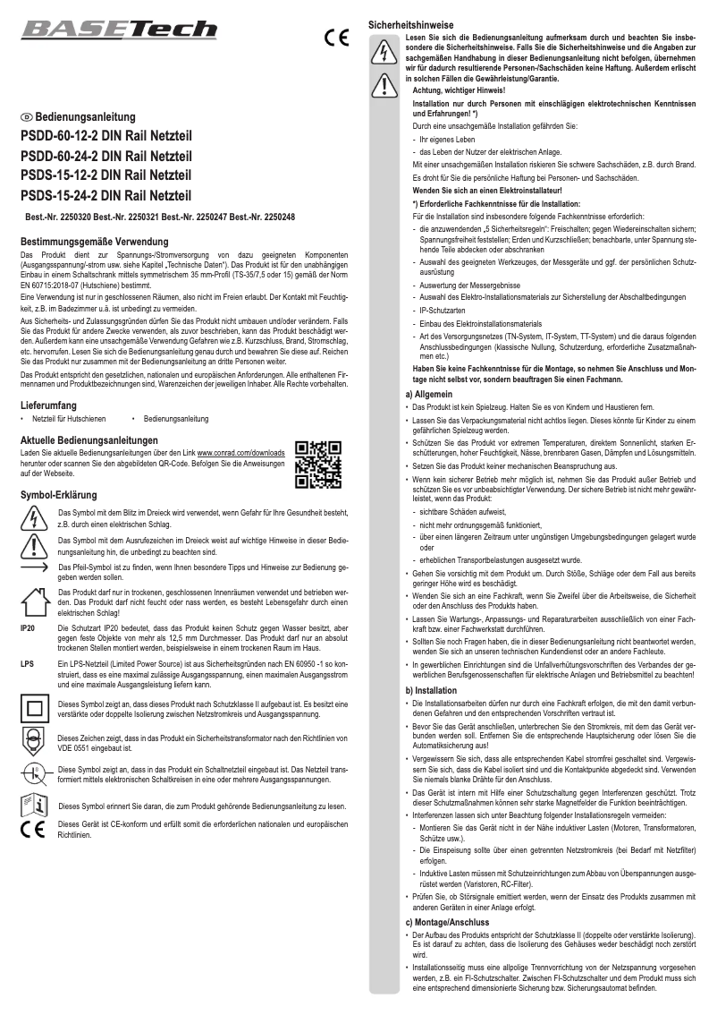 Page n°1 - Manuel utilisateur BaseTech PSDS-15-24-2