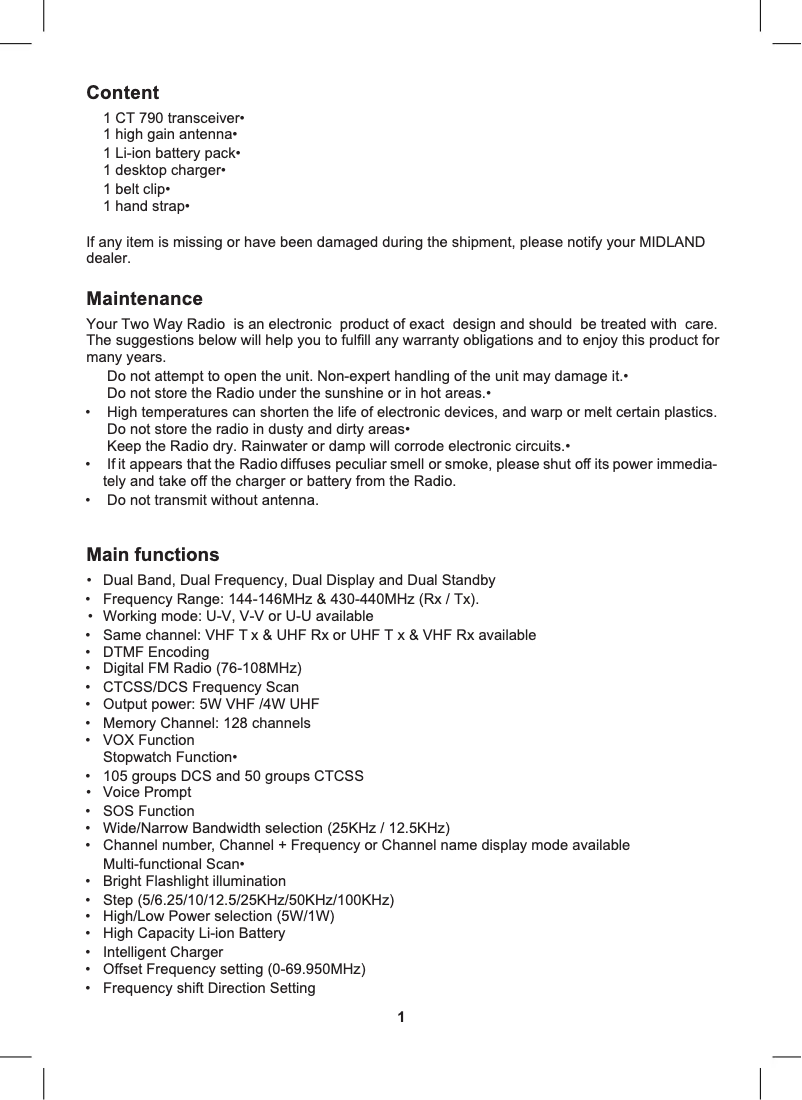 Page n°1 - Manuel utilisateur Midland CT790