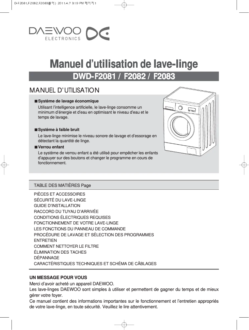 Page n°1 - Manuel utilisateur Daewoo DWD-F2081