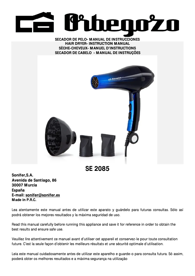 Page 1 de la notice Manuel utilisateur Orbegozo SE 2085
