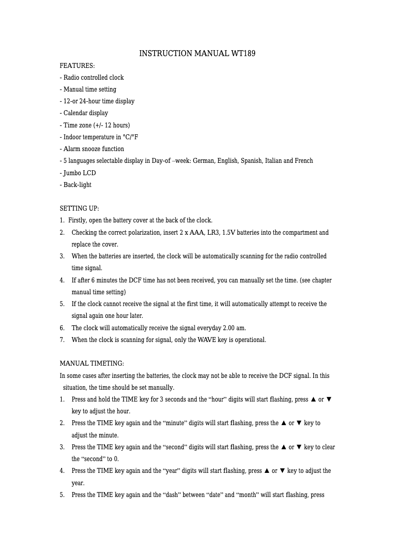 Image de la première page du manuel de l'appareil WT 189