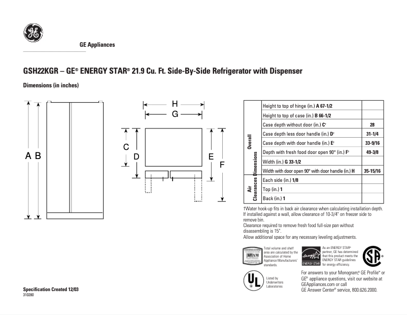 Page n°1 - Fiche technique GE GSH22KGRWW