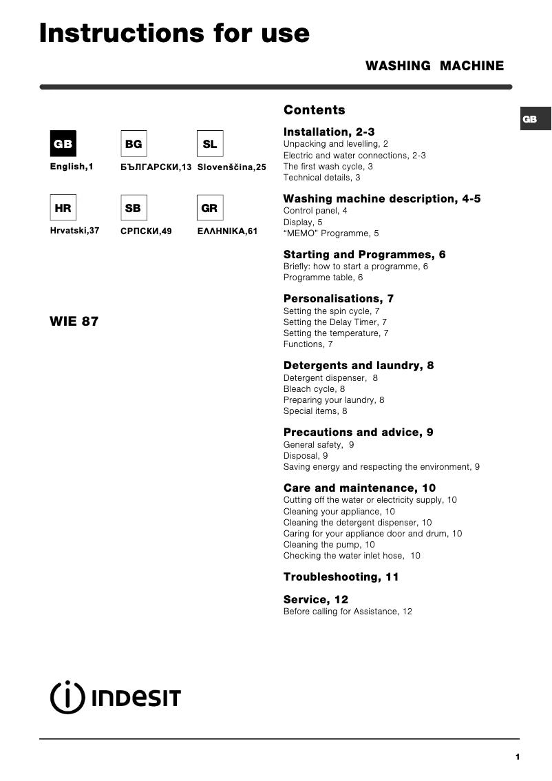 Page 1 de la notice Manuel utilisateur Indesit WIE 87 PL