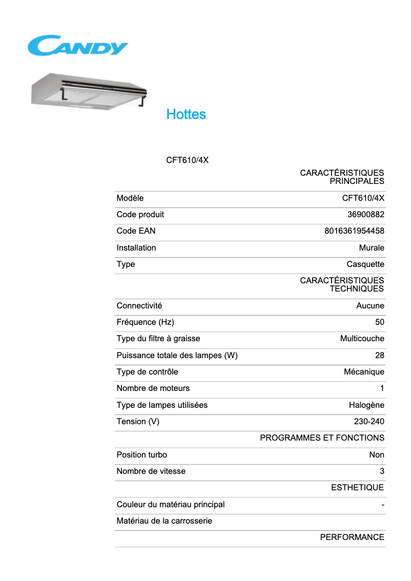 Page 1 de la notice Fiche technique Candy CFT610/4X