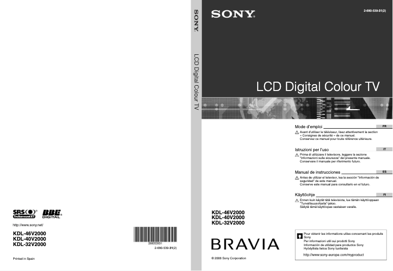 Page 1 de la notice Manuel utilisateur Sony Bravia KDL-46V2000