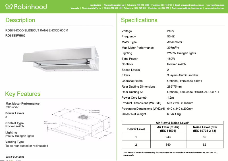 Page n°1 - Fiche technique Robinhood RO61SS/WH/80