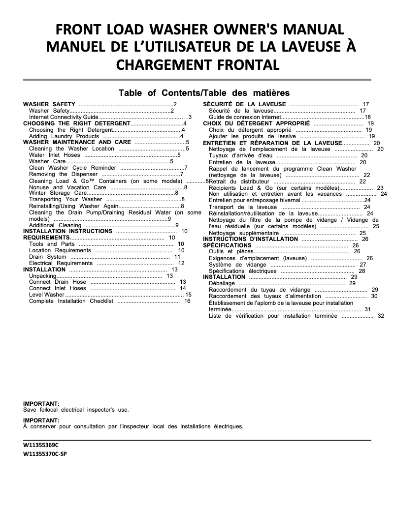 Image de la première page du manuel de l'appareil WFW6605MW