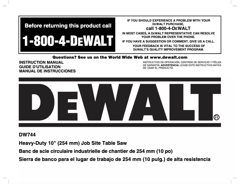 Page n°1 - Manuel utilisateur DeWalt DW744X