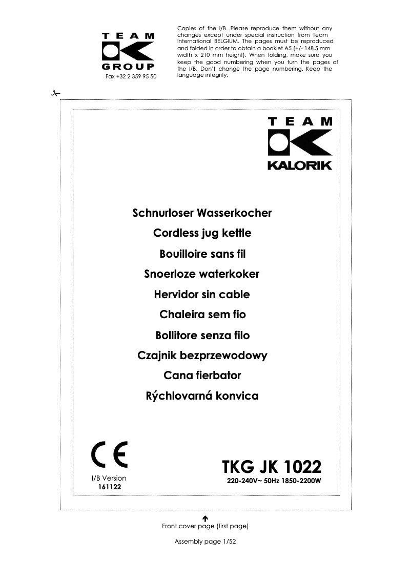 Image de la première page du manuel de l'appareil TKG JK 1022