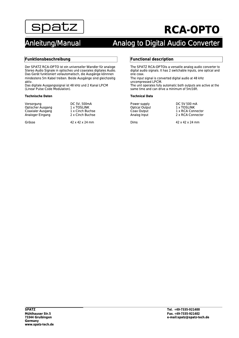 Page n°1 - Manuel utilisateur Spatz RCA-OPTO