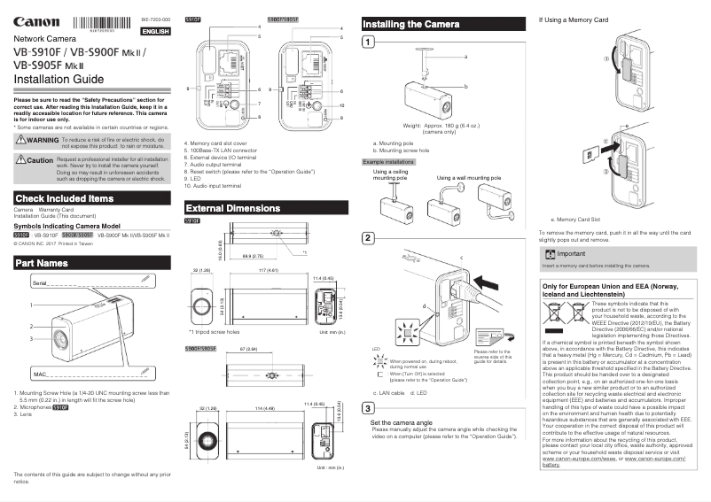 Page 1 de la notice Guide d'installation Canon VB-S900F MkII