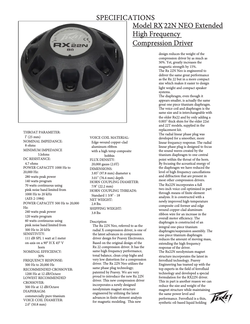 Page n°1 - Fiche technique Peavey RX 22N