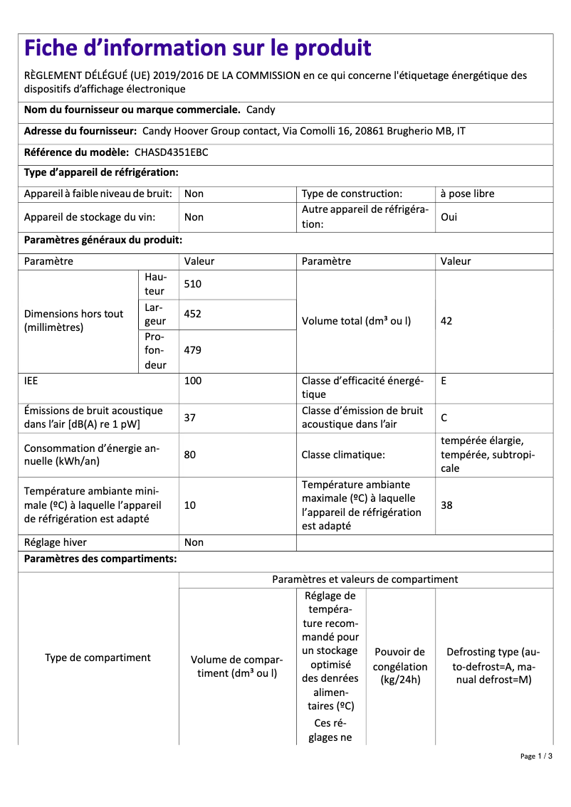 Page 1 de la notice Fiche technique Candy CHASD4351EBC