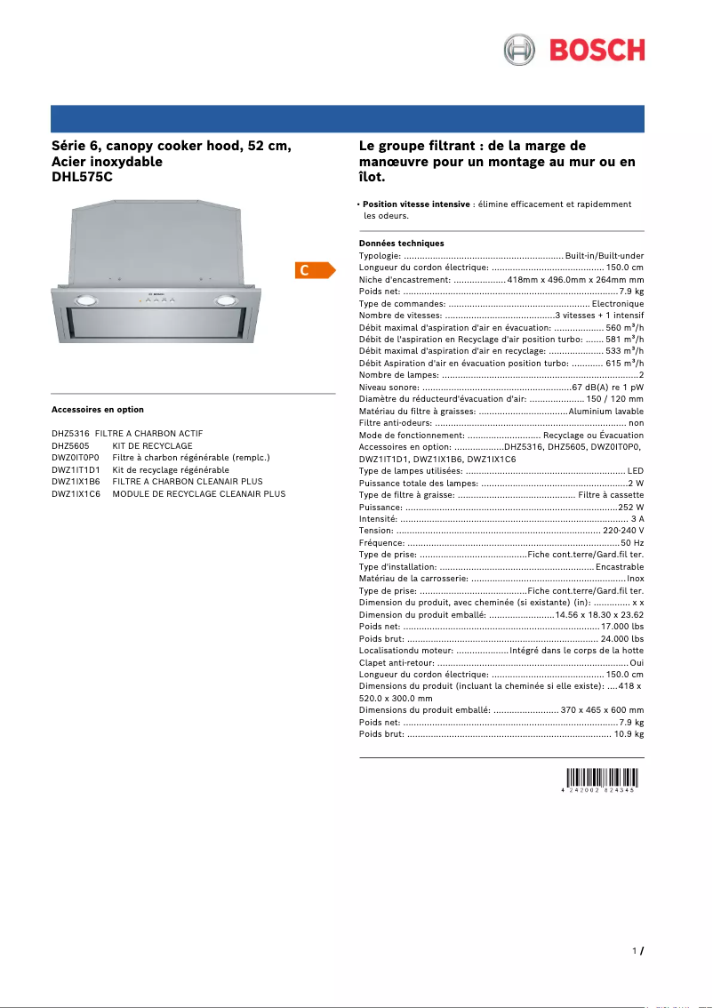 Page 1 de la notice Fiche technique Bosch DHL575C