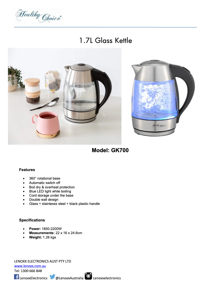 Página 1 del manual Ficha técnica Lenoxx Healthy Choice GK700