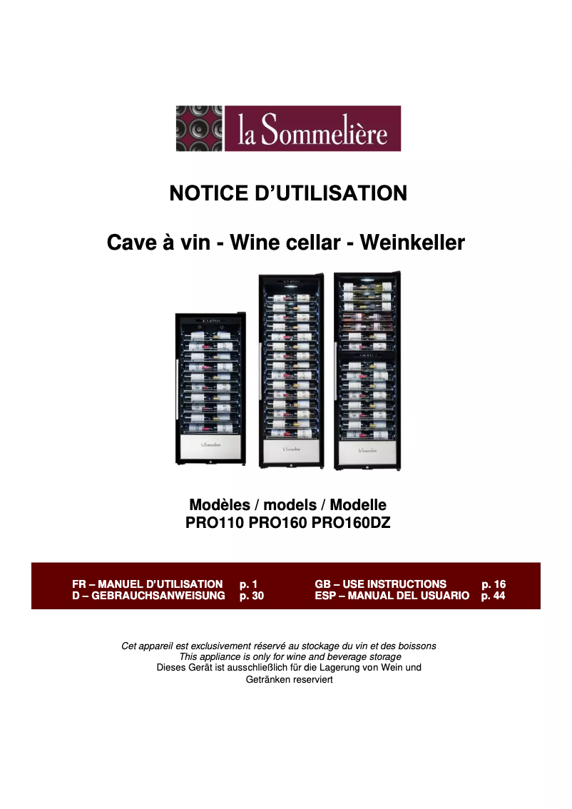 Page 1 de la notice Manuel utilisateur La Sommelière PRO160