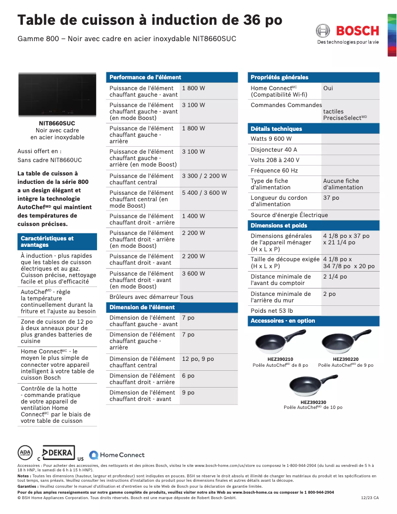 Page 1 de la notice Fiche technique Bosch NIT8660SUC