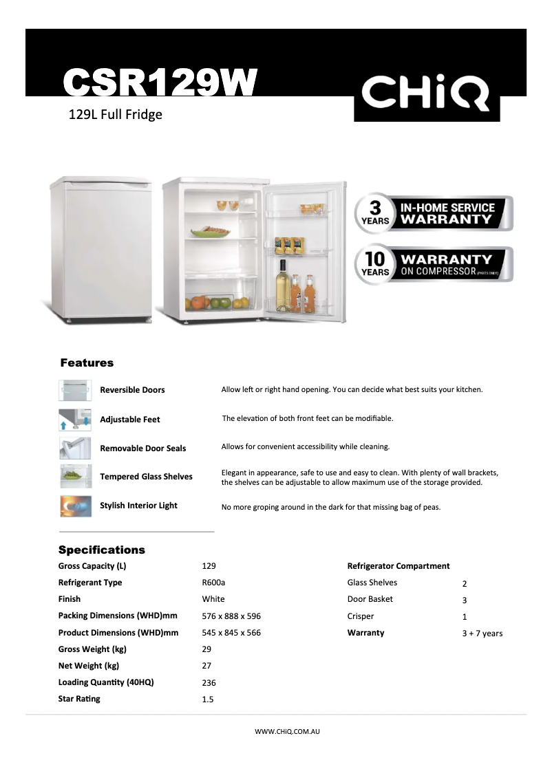 Página 1 del manual Ficha técnica CHiQ CSR129W