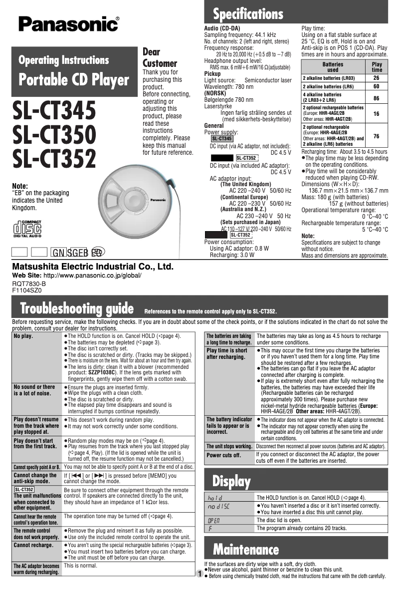 Page 1 de la notice Manuel utilisateur Panasonic SL-CT352