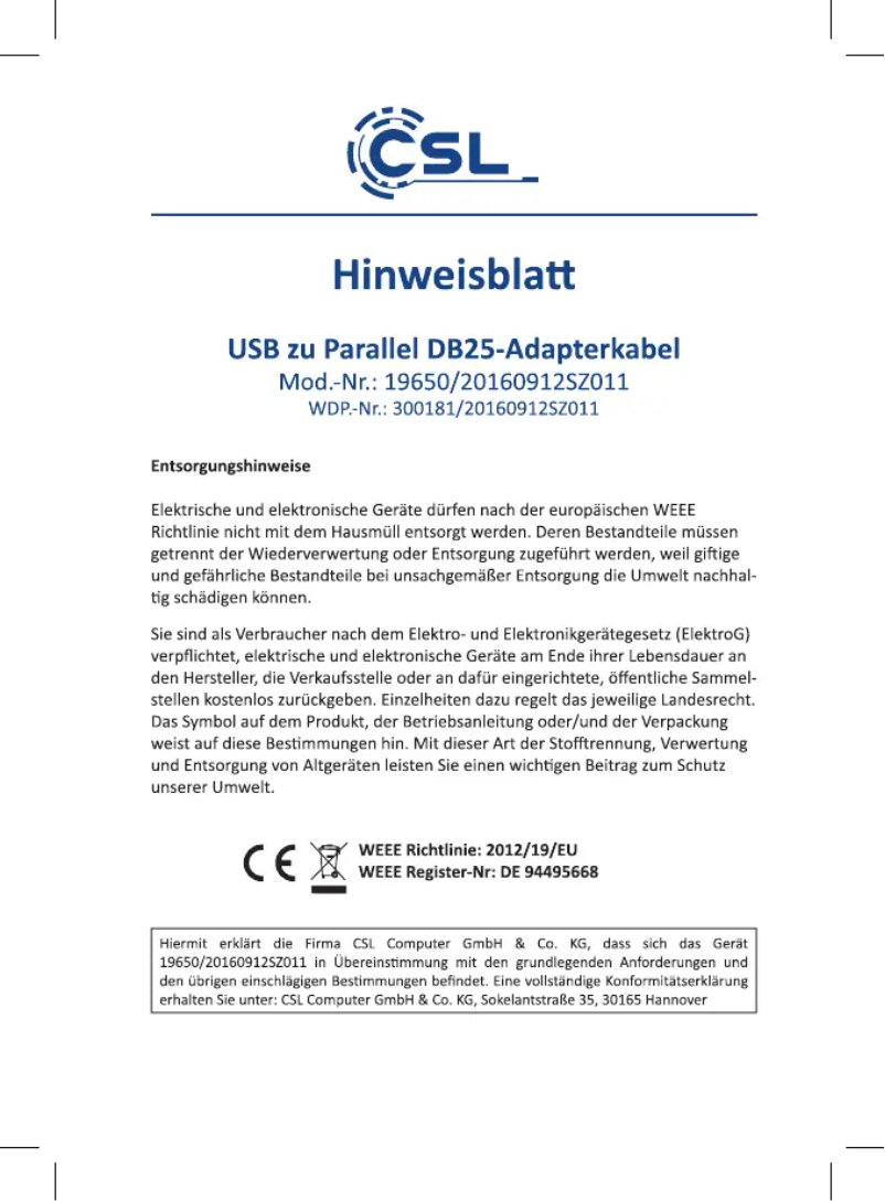 Page 1 of the manual User Manual CSL 300181