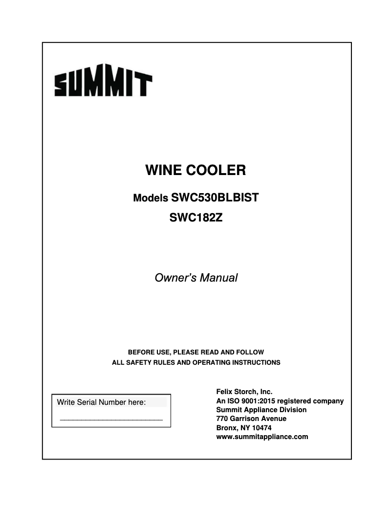 Page 1 de la notice Manuel d'utilisation et d'entretien Summit SWC530BLBIST