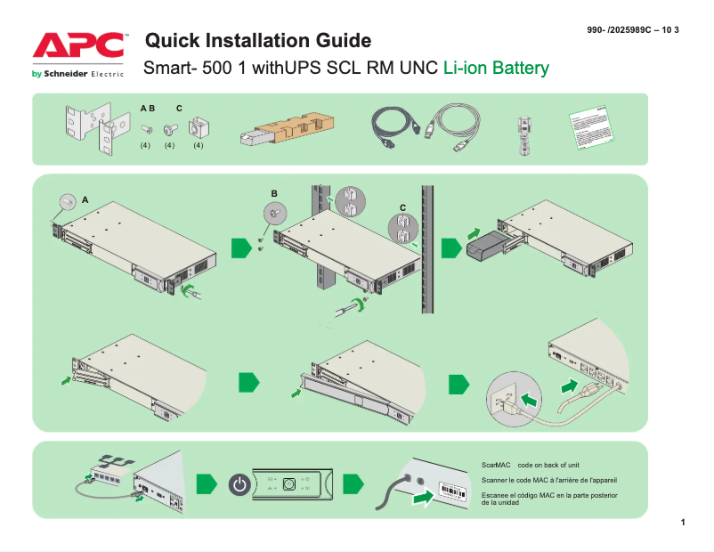 Page 1 de la notice Guide de démarrage rapide APC Smart-UPS SCL500RM1UNC