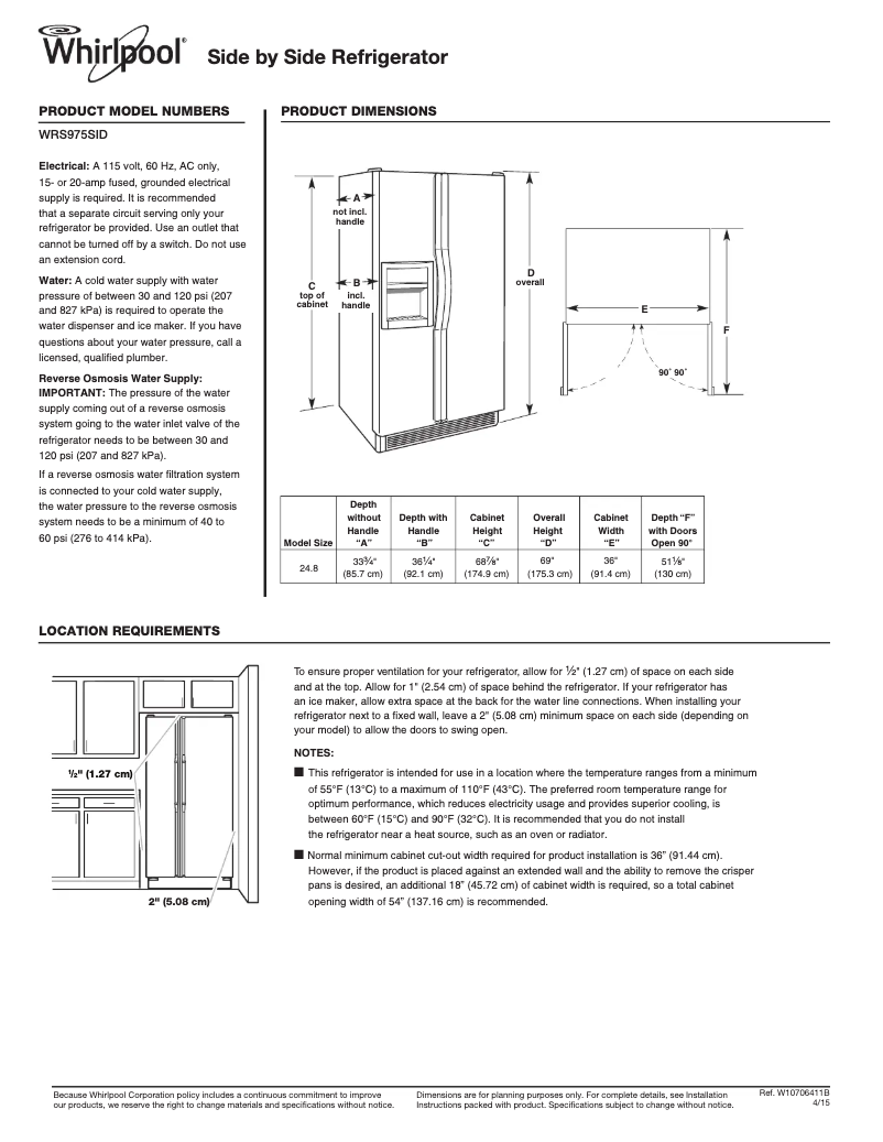 Página 1 del manual Ficha técnica Whirlpool WRS975SID