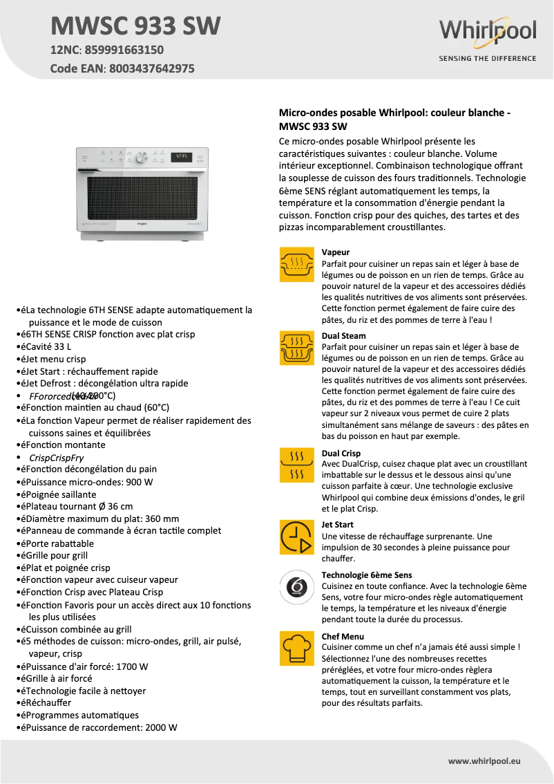 Page n°1 - Manuel utilisateur Whirlpool MWSC 933 SW