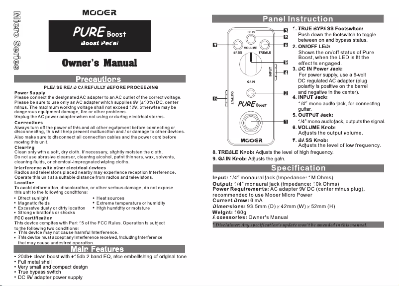 Page 1 de la notice Manuel utilisateur Mooer Pure Boost