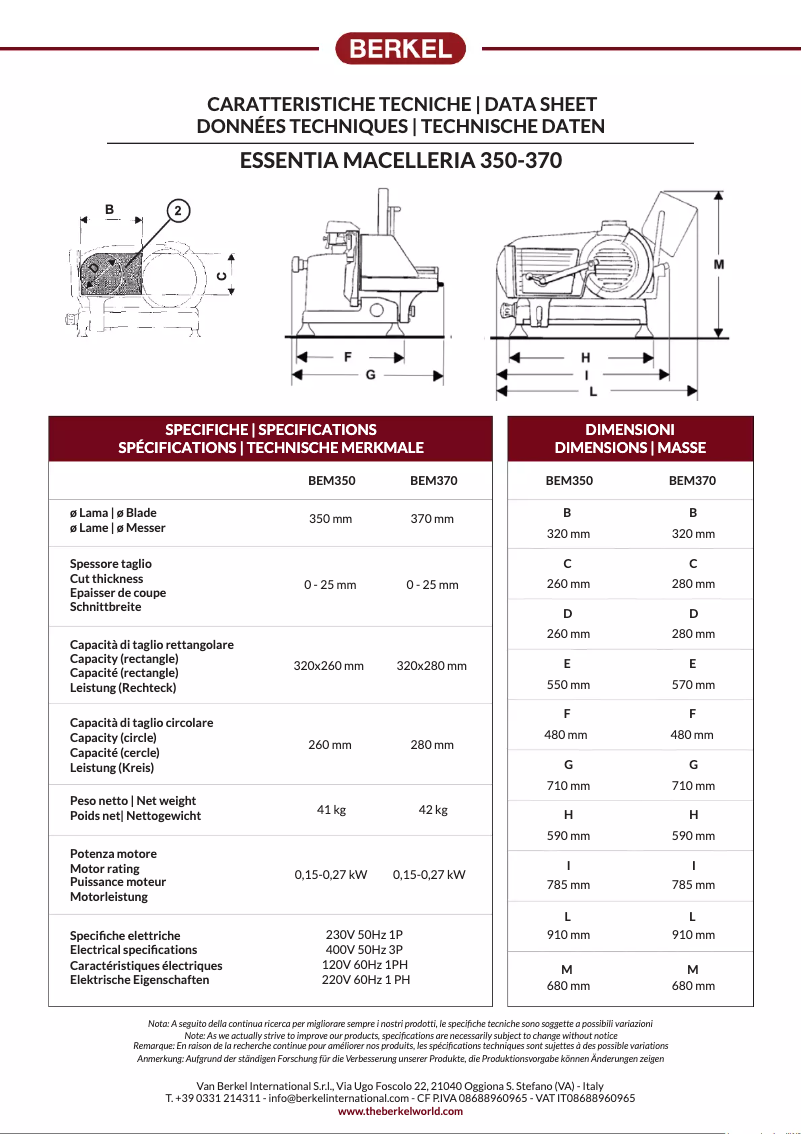 Page 1 de la notice Fiche technique Berkel Essentia Macelleria BEM350
