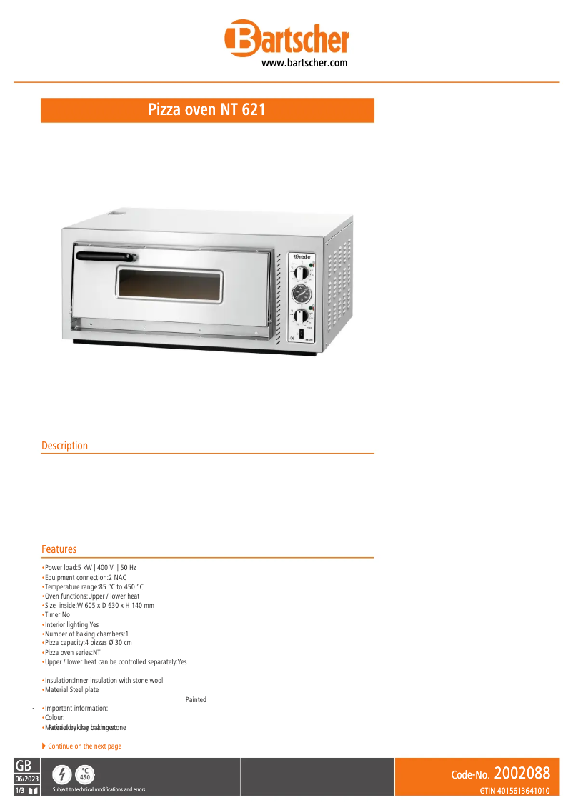 Página 1 del manual Ficha técnica Bartscher NT 621