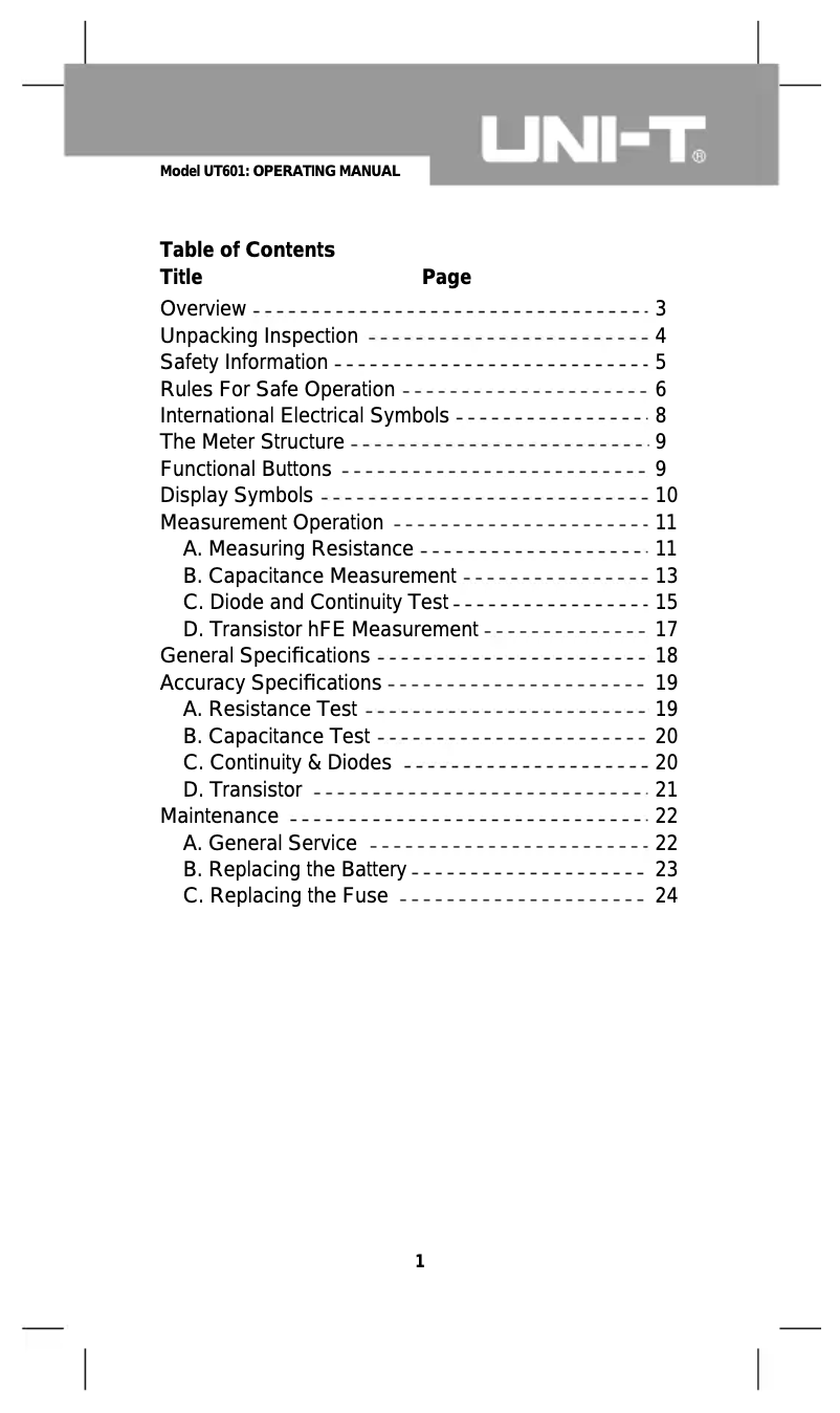 Page n°1 - Manuel utilisateur Uni-T UT601