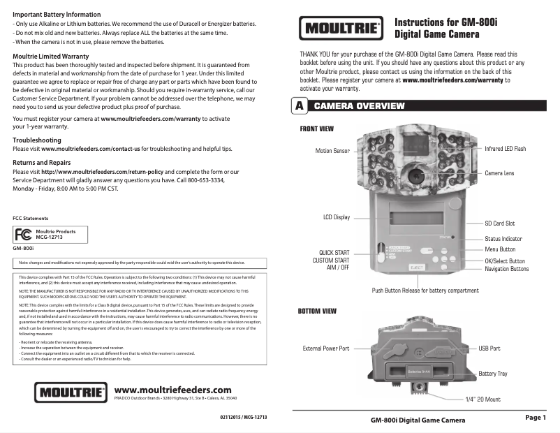 Page 1 de la notice Manuel utilisateur Moultrie GM-800i