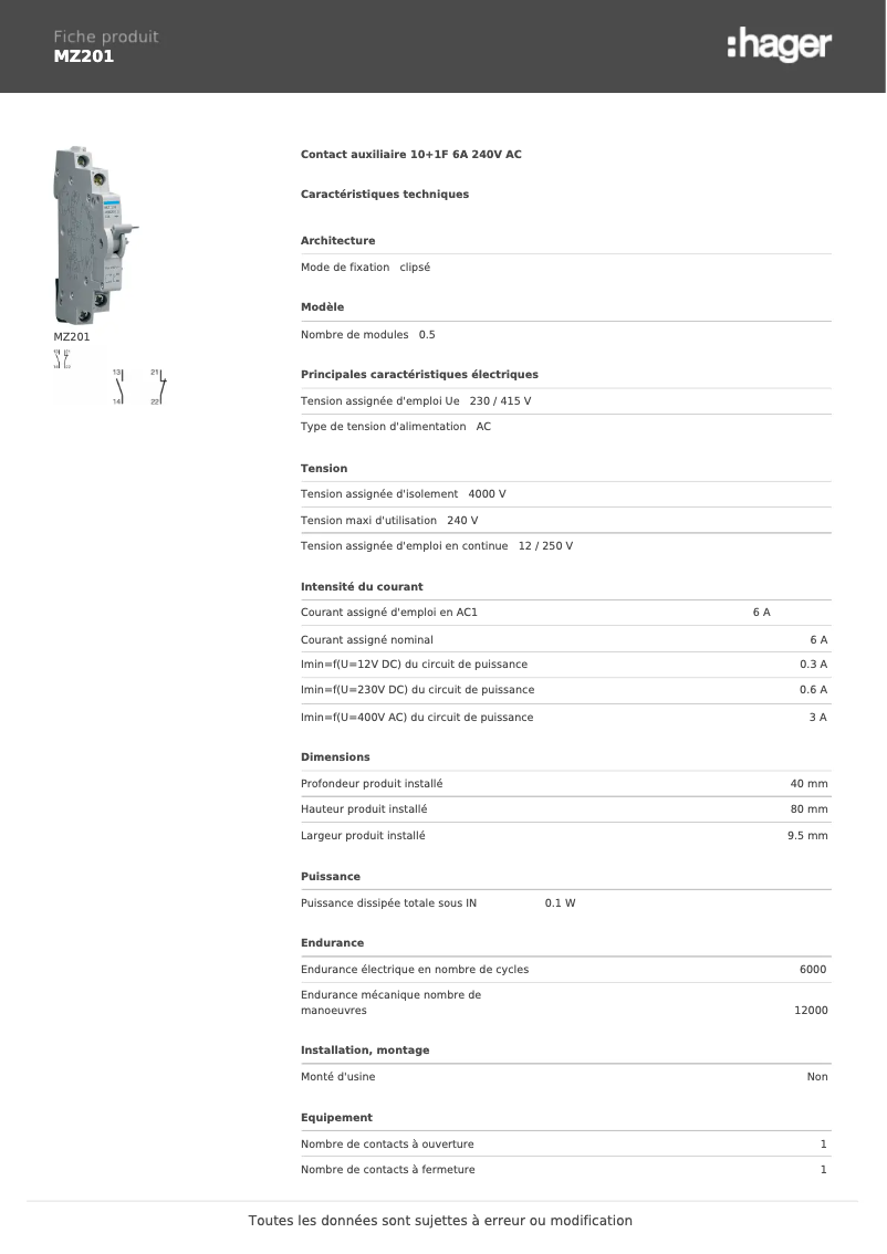 Page 1 de la notice Fiche technique Hager MZ201