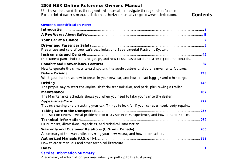 Page 1 de la notice Manuel utilisateur Acura NSX (2003)