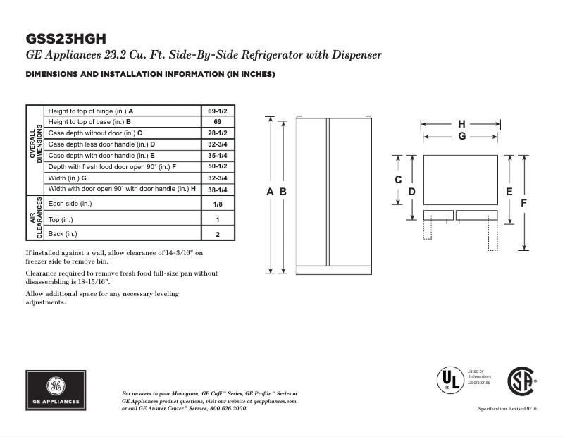 Page n°1 - Fiche technique GE GSS23HGHWW