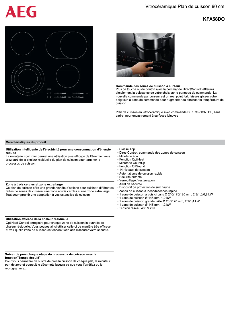 Page 1 de la notice Fiche technique AEG KFA58DO