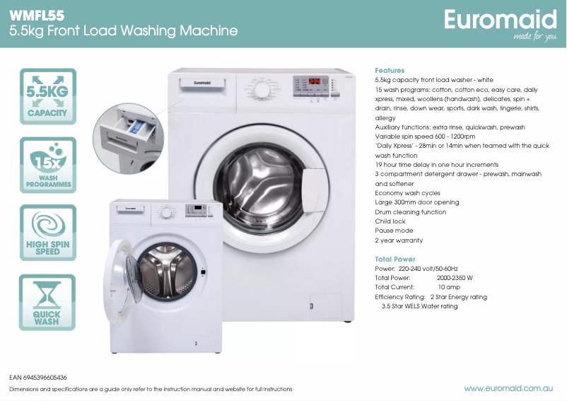 Page 1 de la notice Fiche technique Euromaid WMFL55