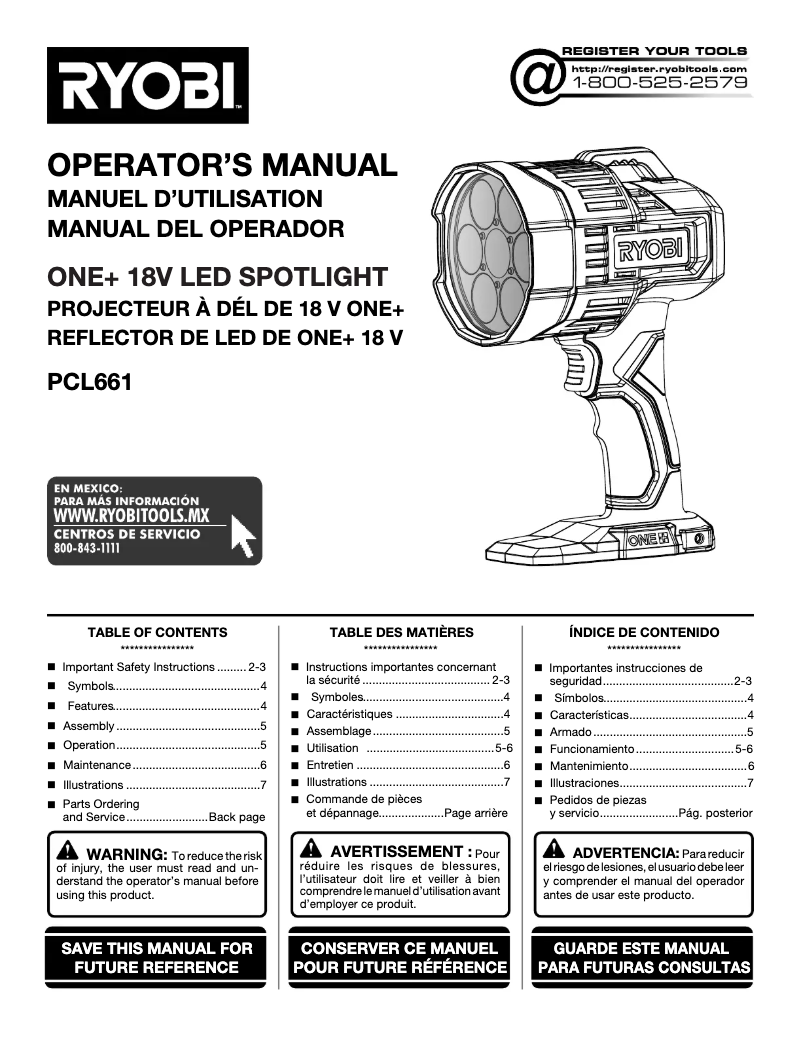 Page n°1 - Manuel utilisateur RYOBI One+ PCL661