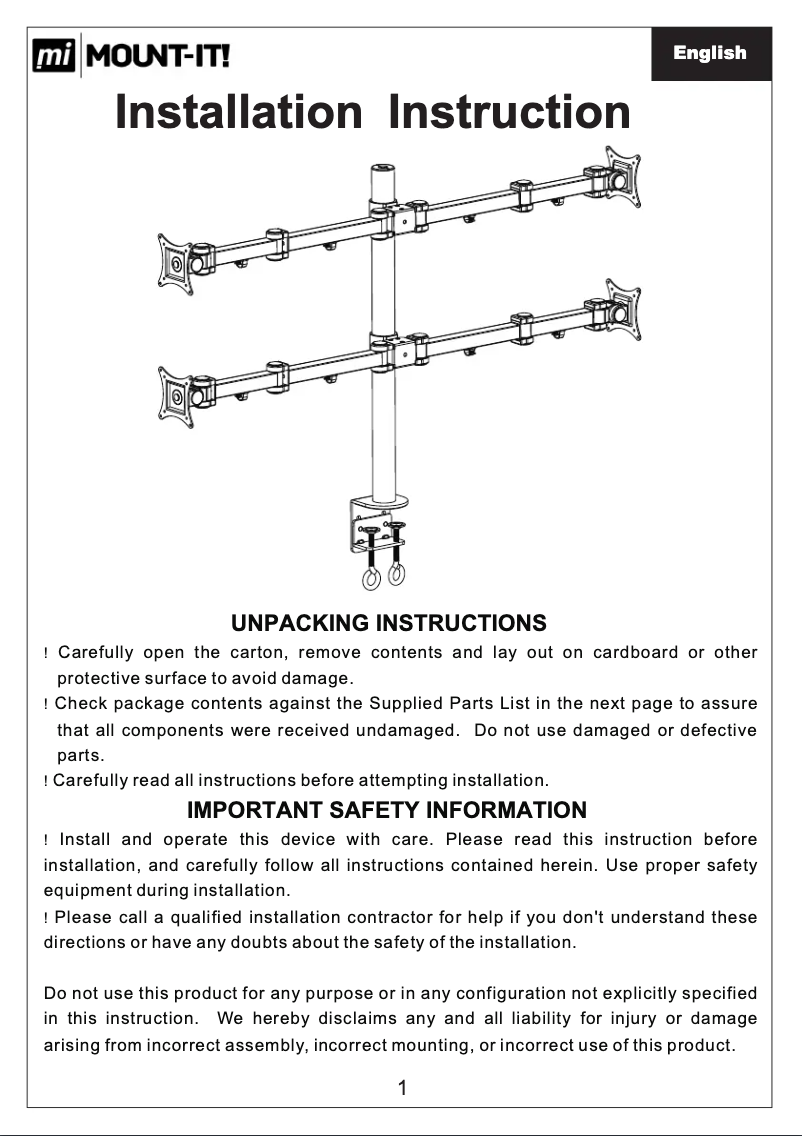 Page 1 de la notice Manuel utilisateur Mount-It! MI-10754