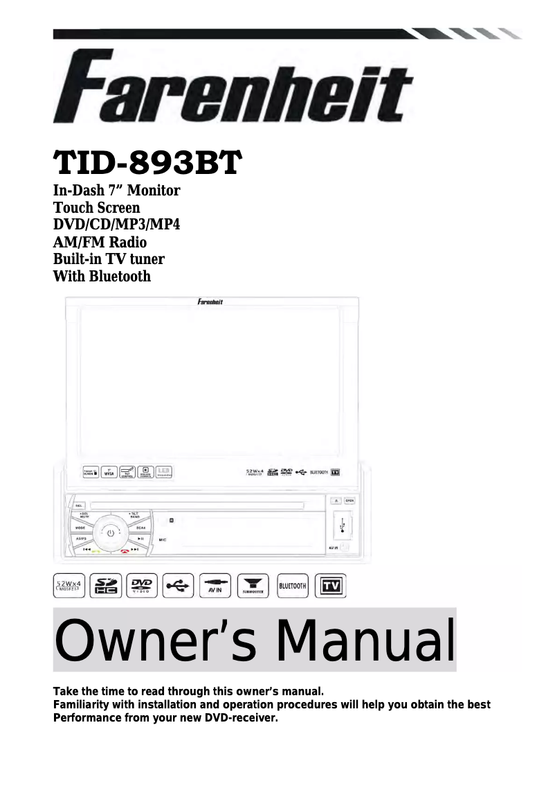 Page 1 de la notice Manuel utilisateur Farenheit TID-893BT