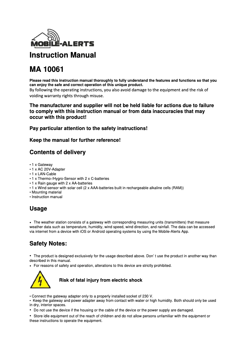 Page 1 de la notice Manuel utilisateur Techno Line MA 10061