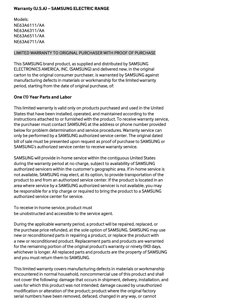 Page 1 de la notice Informations de garantie Samsung NE63A6311SS