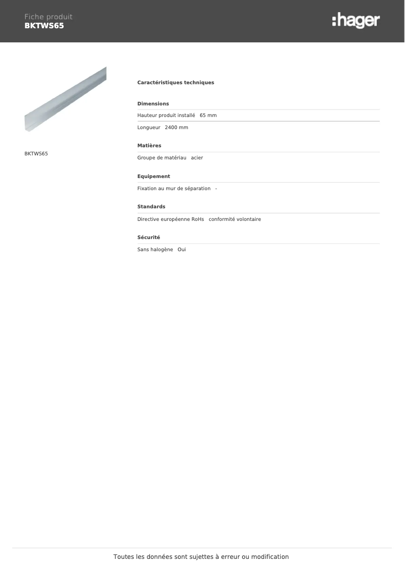 Page 1 de la notice Fiche technique Hager BKTWS65