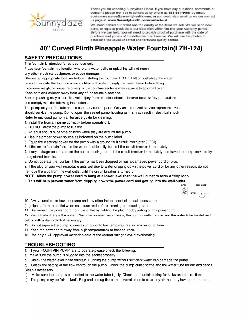 Page 1 de la notice Manuel utilisateur Sunnydaze Decor LZH-124