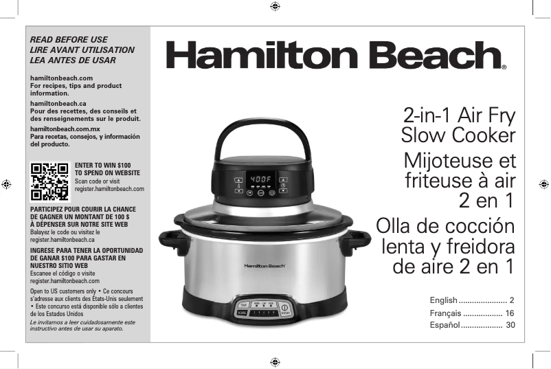 Page 1 de la notice Manuel utilisateur Hamilton Beach 33061