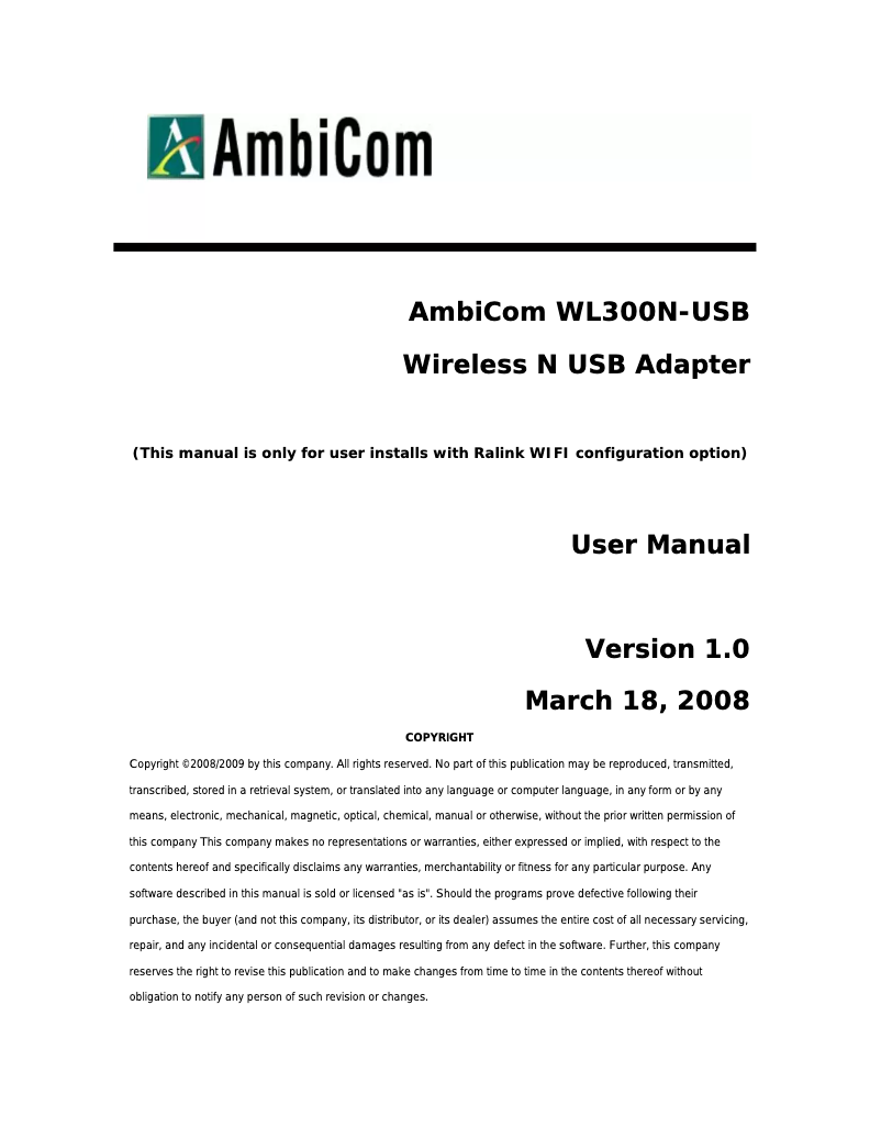 Image de la première page du manuel de l'appareil WL300N-USB