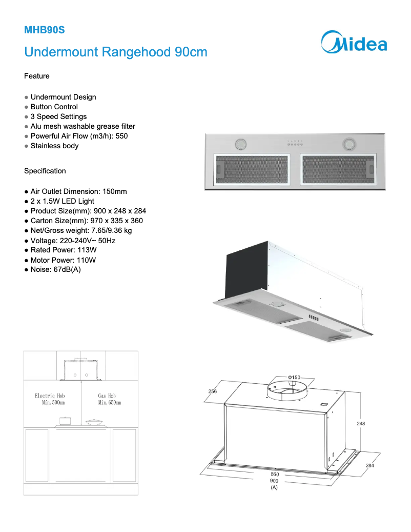 Page 1 of the manual Technical Sheet Midea MHB90S