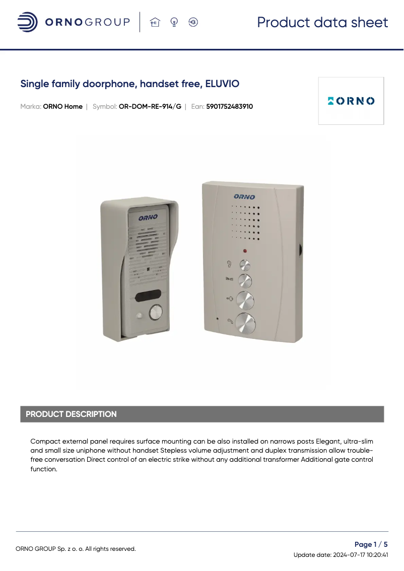 Page 1 de la notice Fiche technique ORNO OR-DOM-RE-914